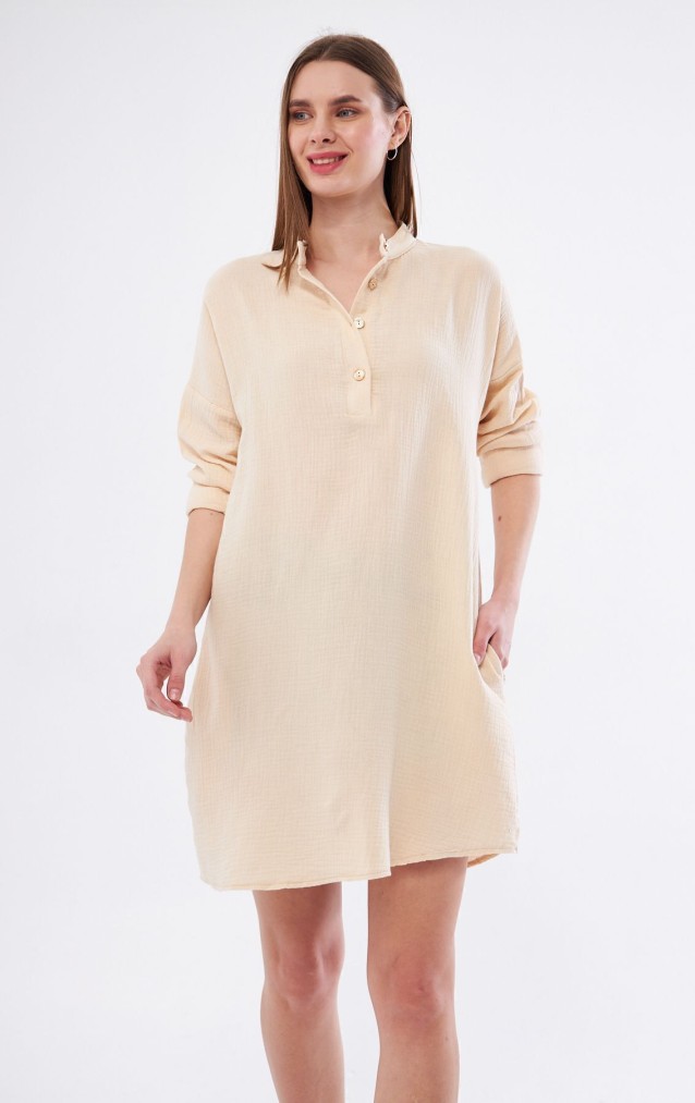 Kadın Taş Muslin Uzun Kollu Hakim Yaka Cepli Günlük Yazlık Tunik Gömlek Elbise 3520340