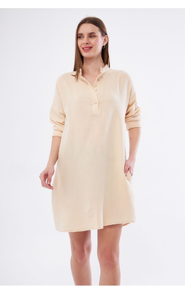 Kadın Taş Muslin Uzun Kollu Hakim Yaka Cepli Günlük Yazlık Tunik Gömlek Elbise 3520340