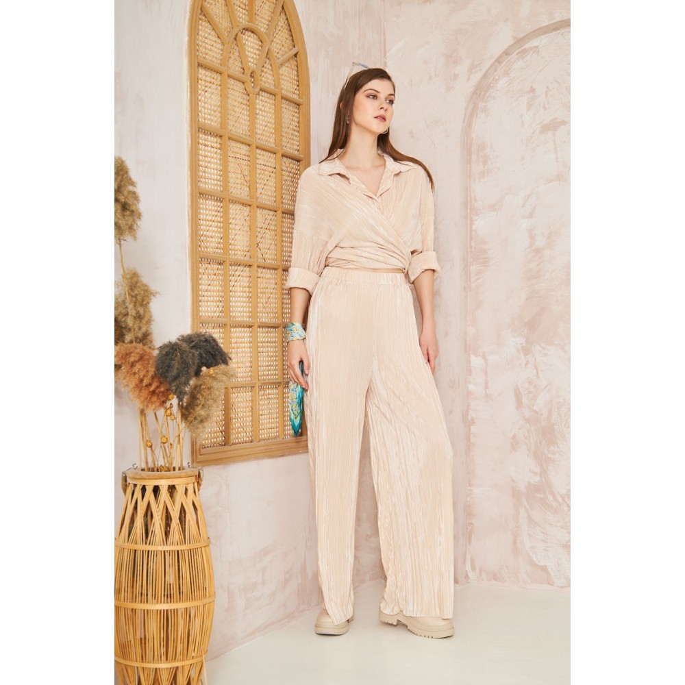 Pasaklı Giyim Pasaklı Giyim kadın Piliseli Bürümcük Pantolon Tunik Alt Üst Takım Bej - Premium Kadın Giyim