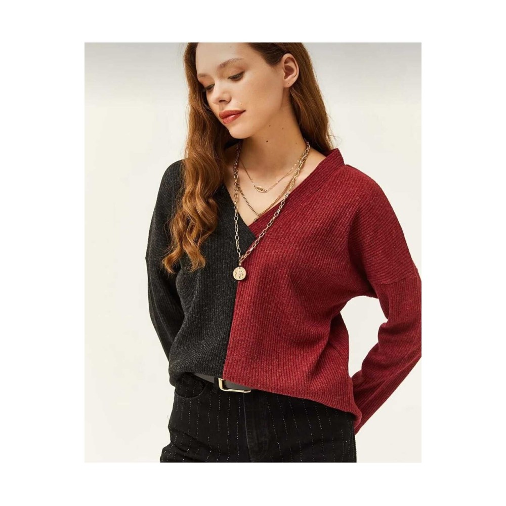 Pasaklı Giyim Pasaklı Giyim Kadın V Yaka Uzun Kollu Iki Renkli Kışlık Kazak Bordo Antrasit - Premium Kadın Giyim