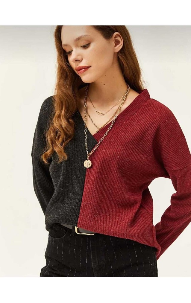 Pasaklı Giyim Kadın  V Yaka Uzun Kollu Iki Renkli Kışlık Kazak 2778200 Bordo Antrasit