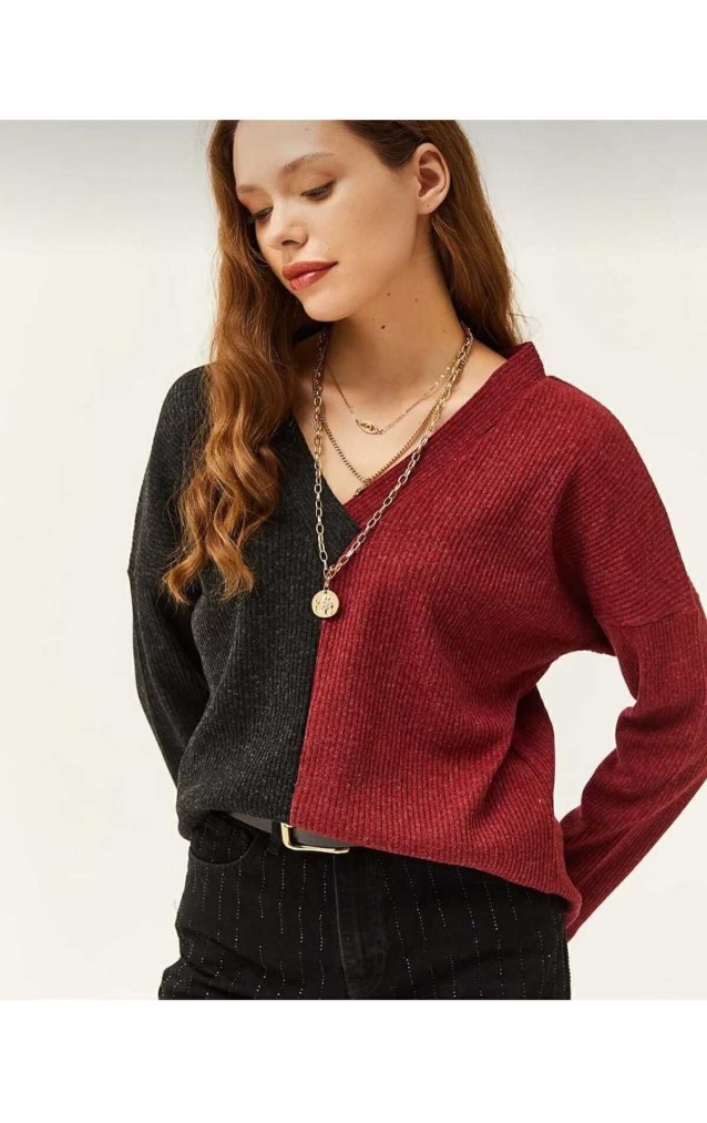Pasaklı Giyim Kadın  V Yaka Uzun Kollu Iki Renkli Kışlık Kazak 2778200 Bordo Antrasit