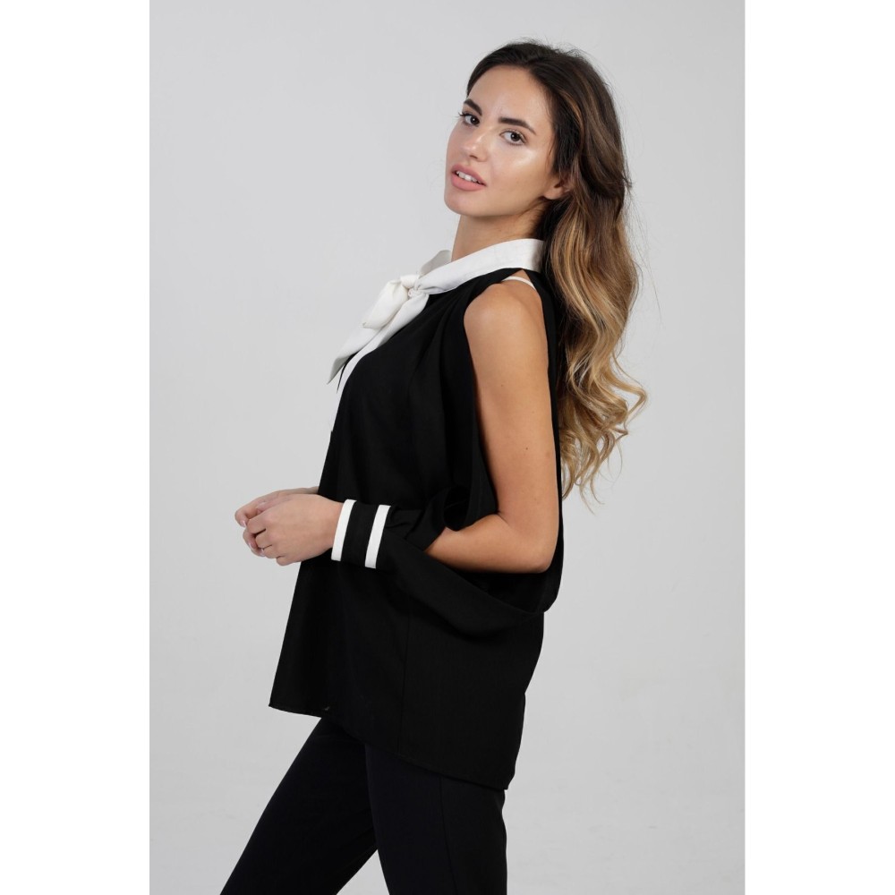 Pasaklı Giyim Pasaklı Giyim Kadın Siyah Kol Yırtmaçlı Beyaz Fularlı Quen Krep Gömlek- - Premium Kadın Giyim