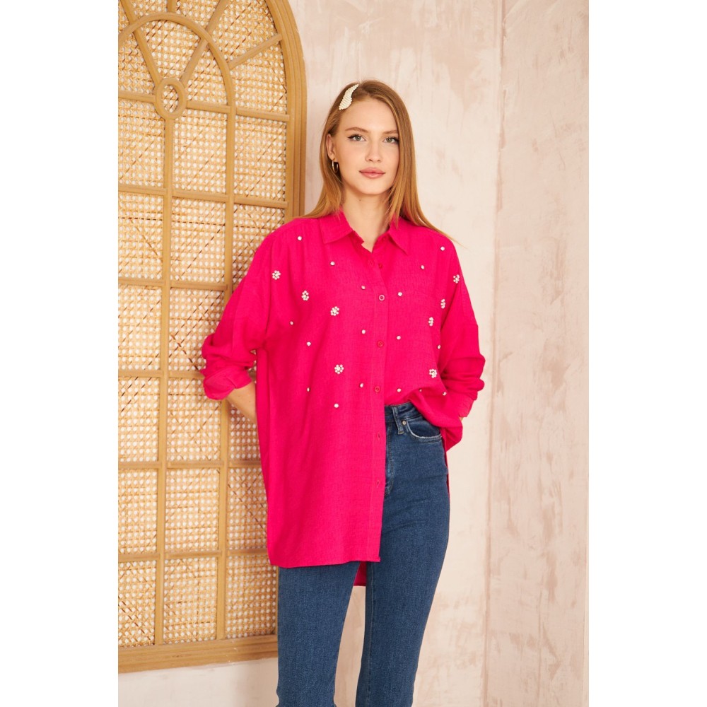 Pasaklı Giyim Pasaklı Giyim Kadın İnci İşleme Keten Tunik Gömlek Fuşya - Premium Kadın Giyim