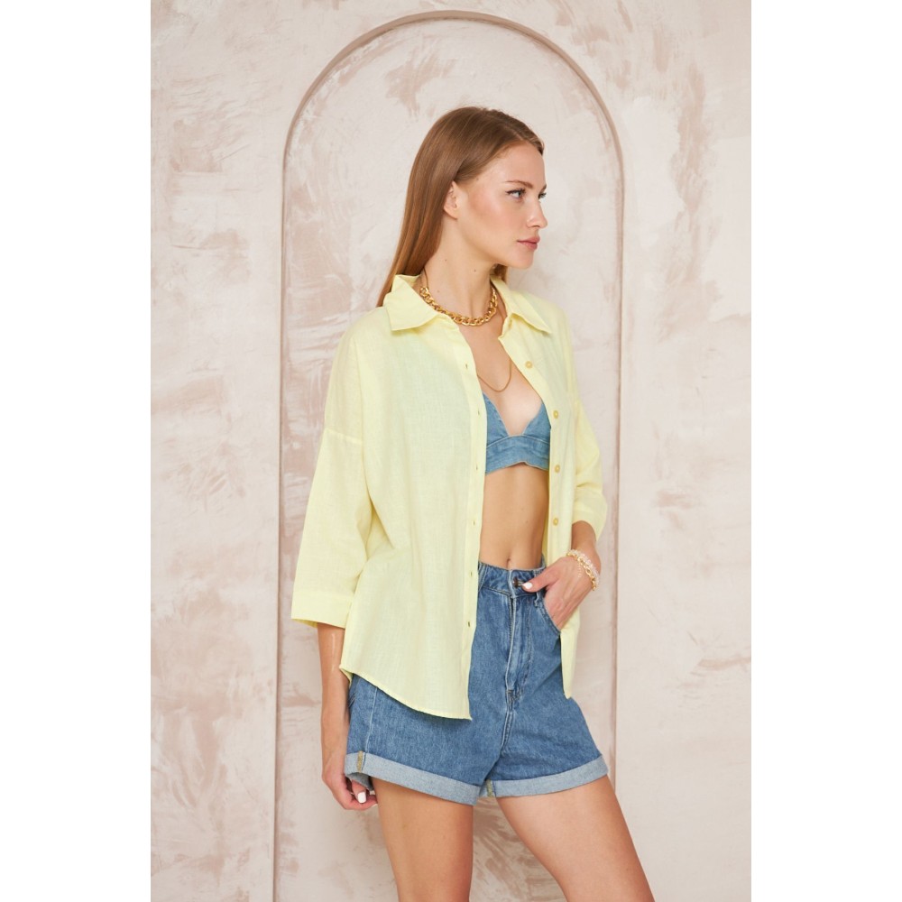 Pasaklı Giyim Pasaklı Giyim Kadın Flamlı Keten Gömlek Sarı - Premium Kadın Giyim