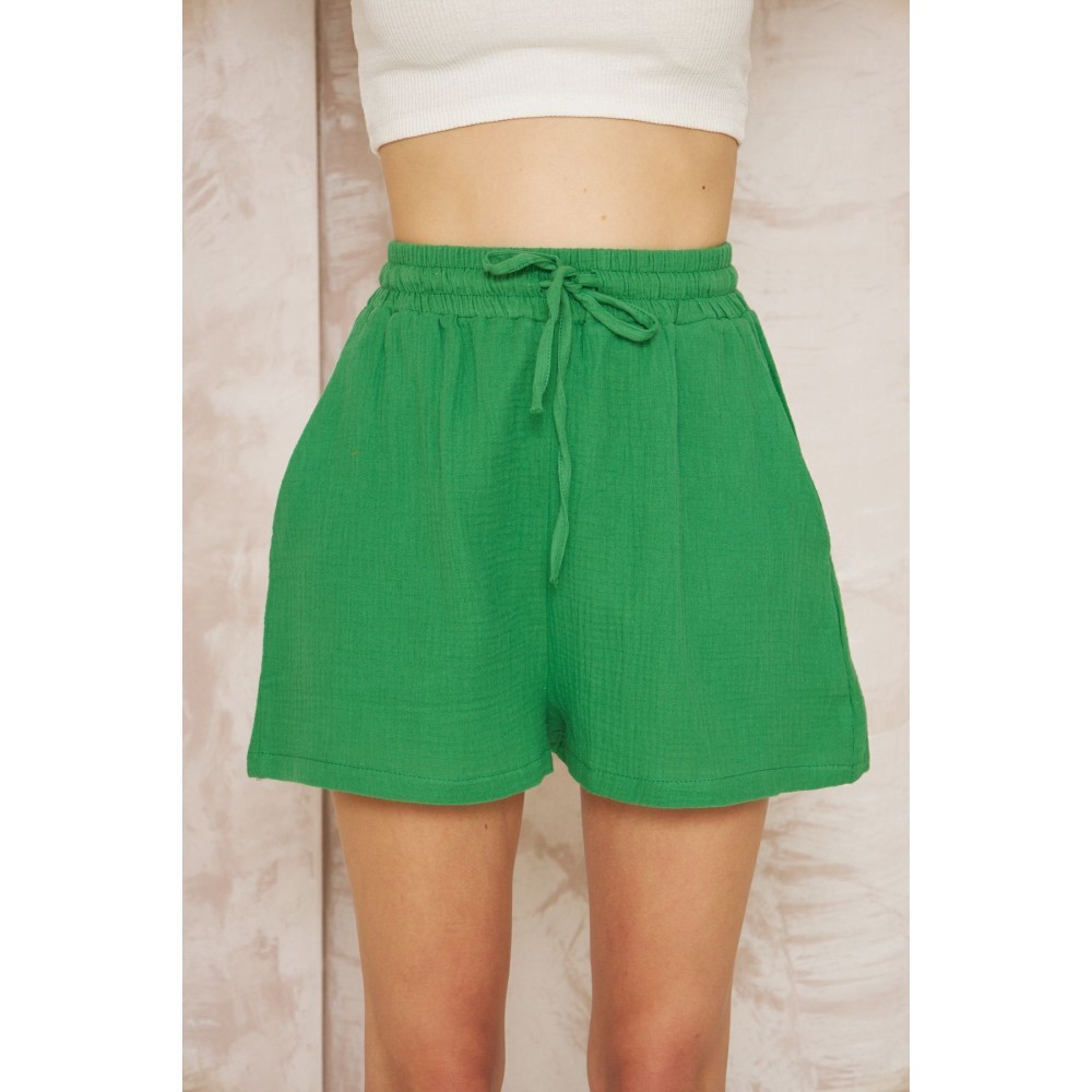 Pasaklı Giyim Pasaklı Giyim Kadın Müslin %100 Pamuk Beli Lastikli Şort Yeşil - Premium Kadın Giyim