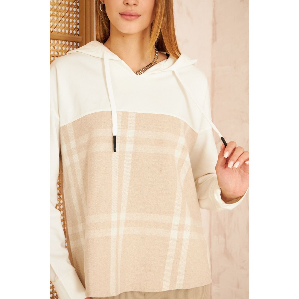 Pasaklı Giyim Pasaklı Giyim Kadın Kapüşonlu Oduncu Sweatshirt Bej Ekose - Premium Kadın Giyim