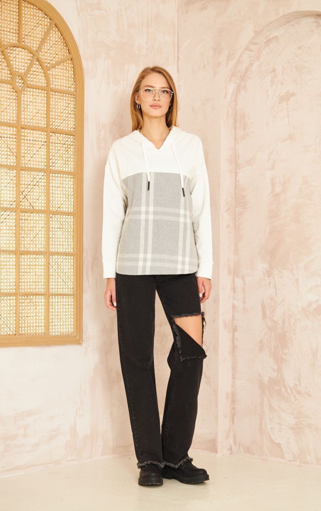 Pasaklı Giyim Kadın Kapüşonlu Oduncu Sweatshirt Gri Ekose 3565231