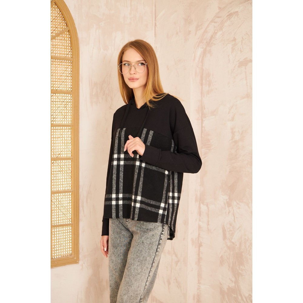 Pasaklı Giyim Pasaklı Giyim Kadın Kapüşonlu Oduncu Sweatshirt Siyah Ekose - Premium Kadın Giyim