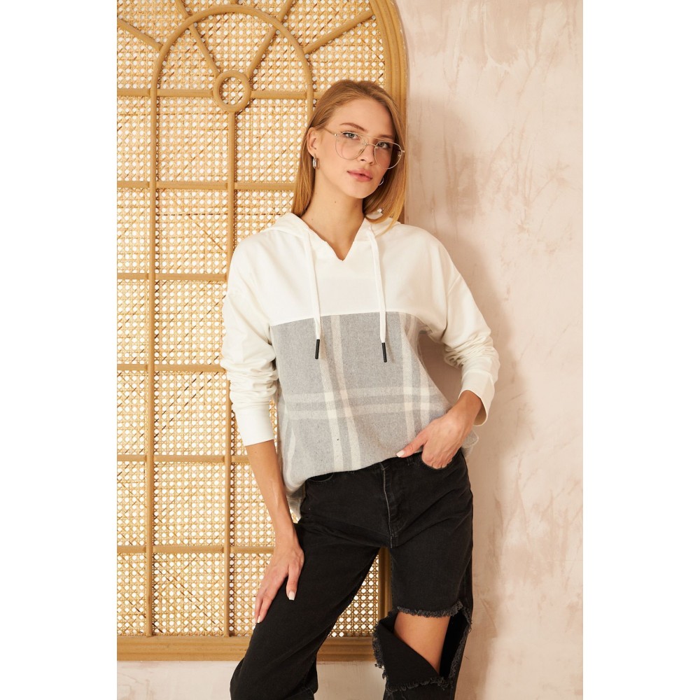 Pasaklı Giyim Pasaklı Giyim Kadın Kapüşonlu Oduncu Sweatshirt Gri Ekose - Premium Kadın Giyim