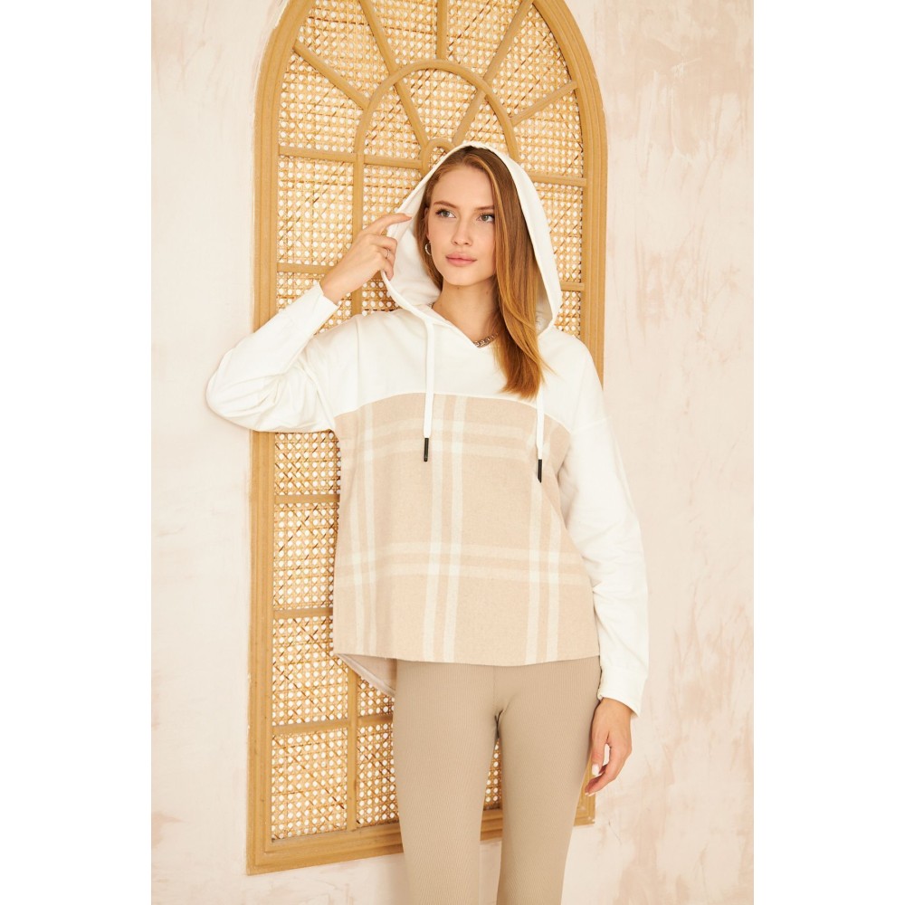 Pasaklı Giyim Pasaklı Giyim Kadın Kapüşonlu Oduncu Sweatshirt Bej Ekose - Premium Kadın Giyim