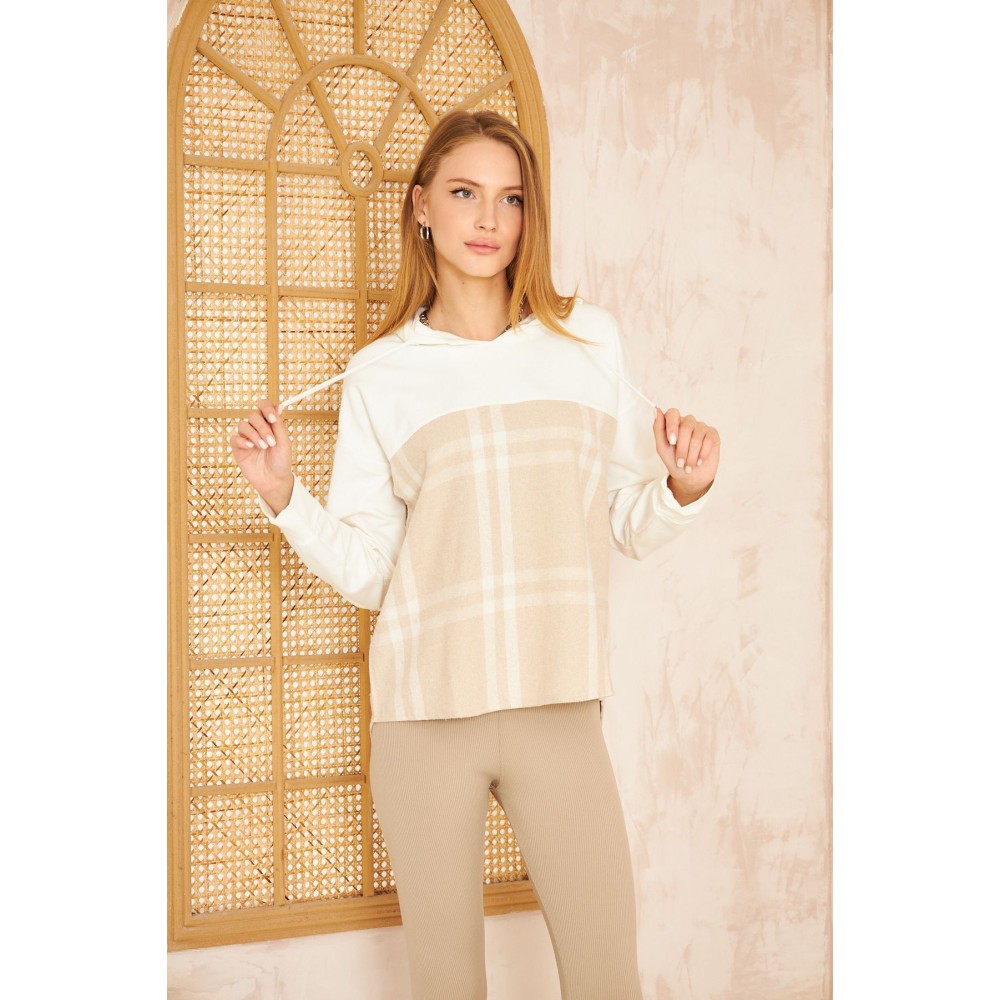 Pasaklı Giyim Pasaklı Giyim Kadın Kapüşonlu Oduncu Sweatshirt Bej Ekose - Premium Kadın Giyim