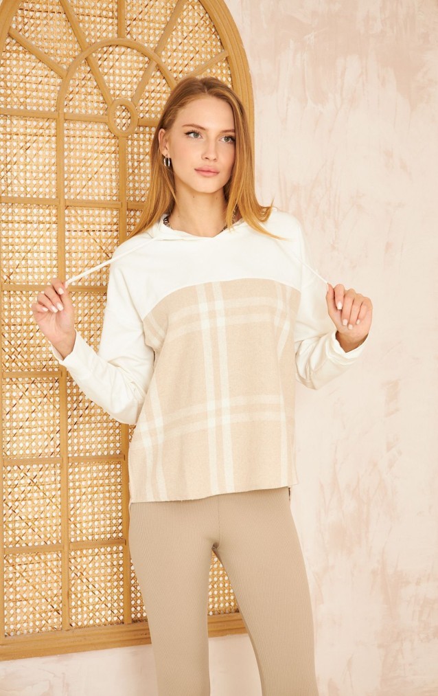 Pasaklı Giyim Kadın Kapüşonlu Oduncu Sweatshirt Bej Ekose 3565231