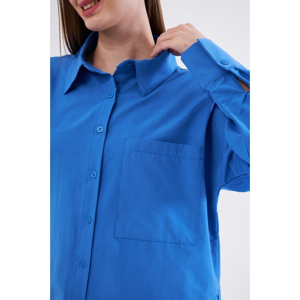 Pasaklı Giyim Kadın Saks Mavi Uzun Kollu Terikoton Özel Kumaş Cepli Spor Uzun Tunik Gömlek - Premium Kadın Giyim