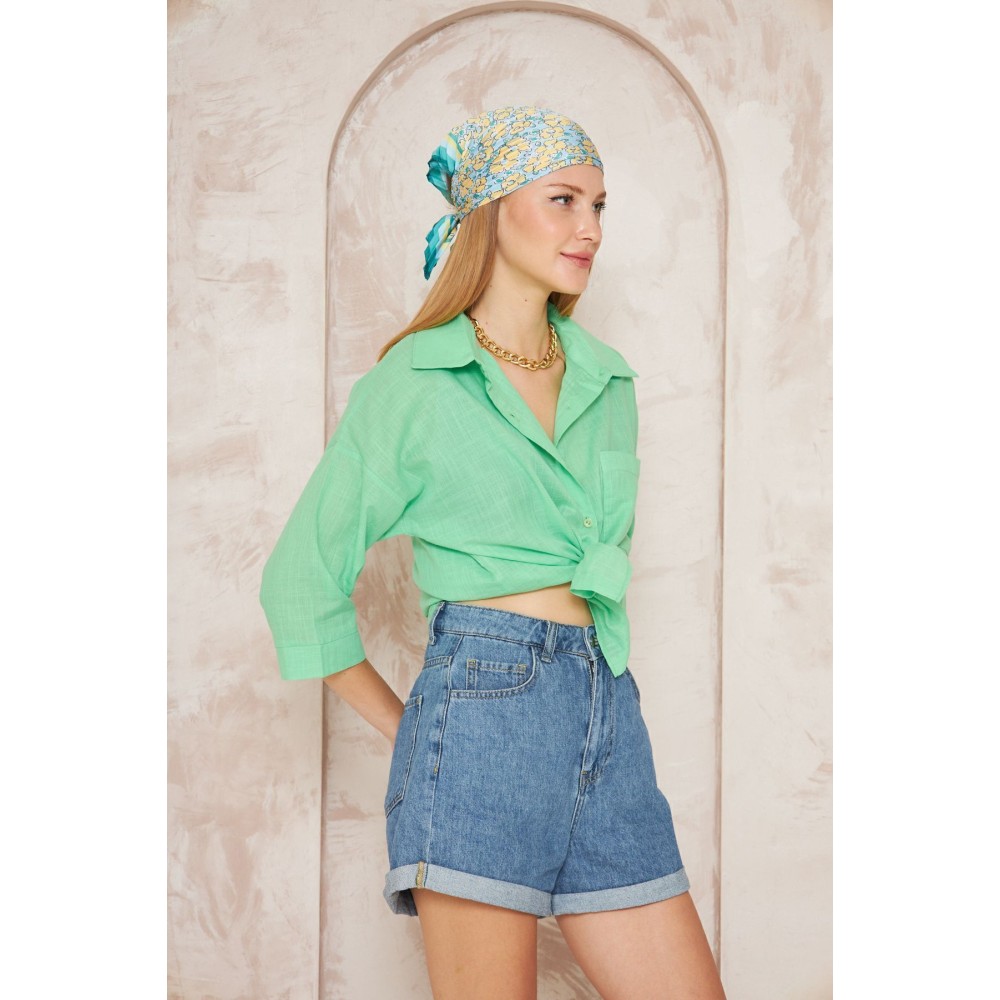 Pasaklı Giyim Pasaklı Giyim Kadın Flamlı Keten Gömlek Yeşil - Premium Kadın Giyim