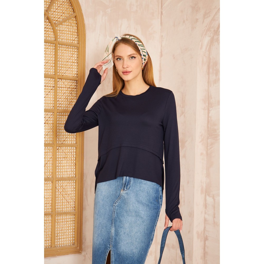Pasaklı Giyim Pasaklı Giyim Kadın Parmak Geçirmeli Yoga Bluz Lacivert - Premium Kadın Giyim