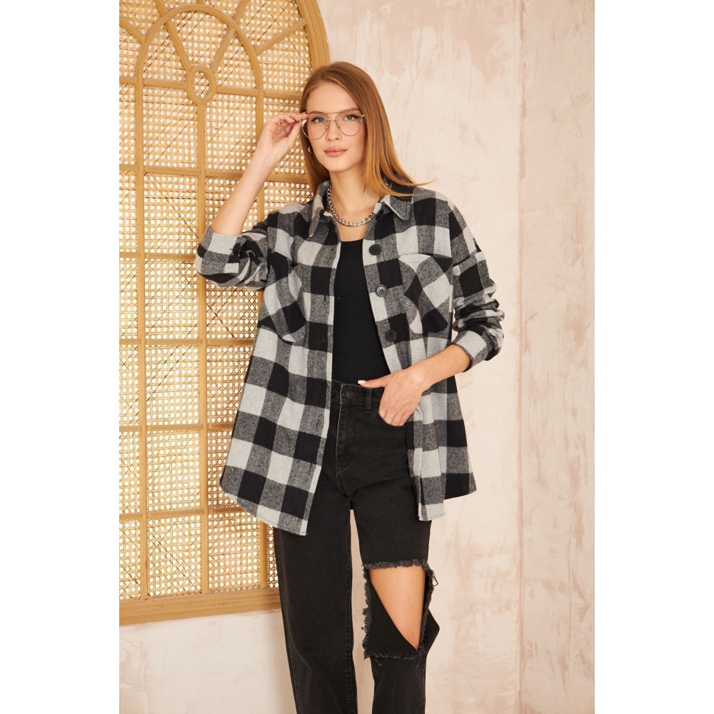Pasaklı Giyim Pasaklı Giyim Kadın Kaşe Ekose Oduncu Gömlek Gri - Premium Kadın Giyim