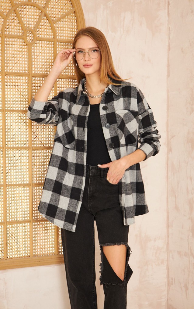 Pasaklı Giyim Kadın Kaşe Ekose Oduncu Gömlek 3539363 Gri