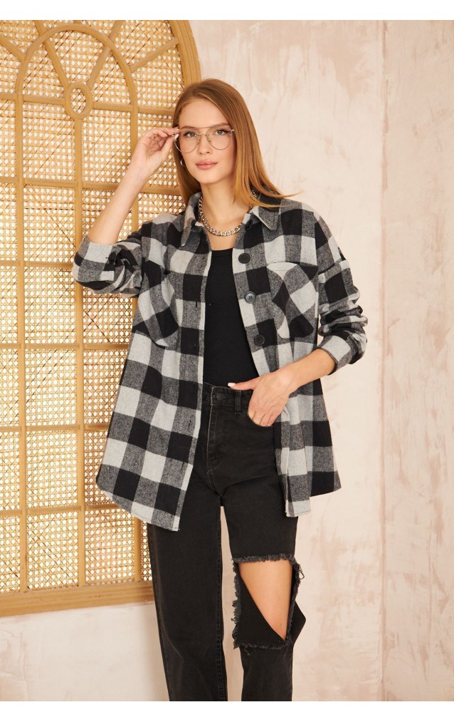 Pasaklı Giyim Kadın Kaşe Ekose Oduncu Gömlek 3539363 Gri