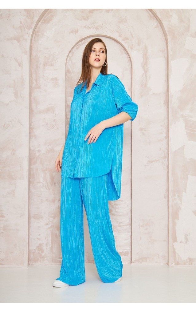 Pasaklı Giyim kadın Piliseli Bürümcük Pantolon Tunik Alt Üst Takım 3573374 Mavi