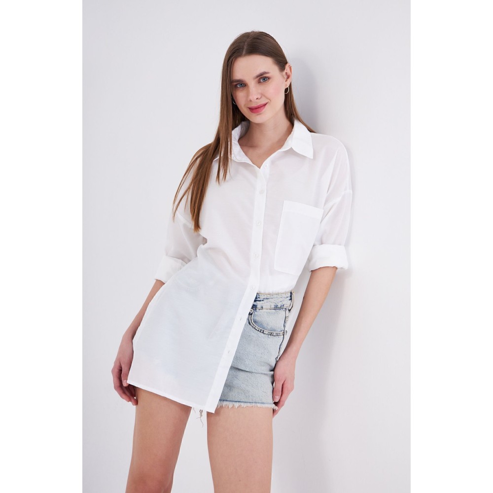 Pasaklı Giyim Kadın Beyaz Uzun Kollu Terikoton Özel Kumaş Cepli Spor Uzun Tunik Gömlek - Premium Kadın Giyim