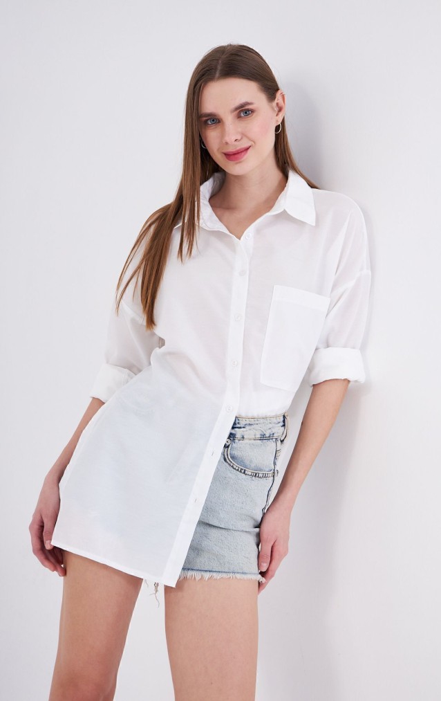 Kadın Beyaz Uzun Kollu Terikoton Özel Kumaş Cepli Spor Uzun Tunik Gömlek 3518185