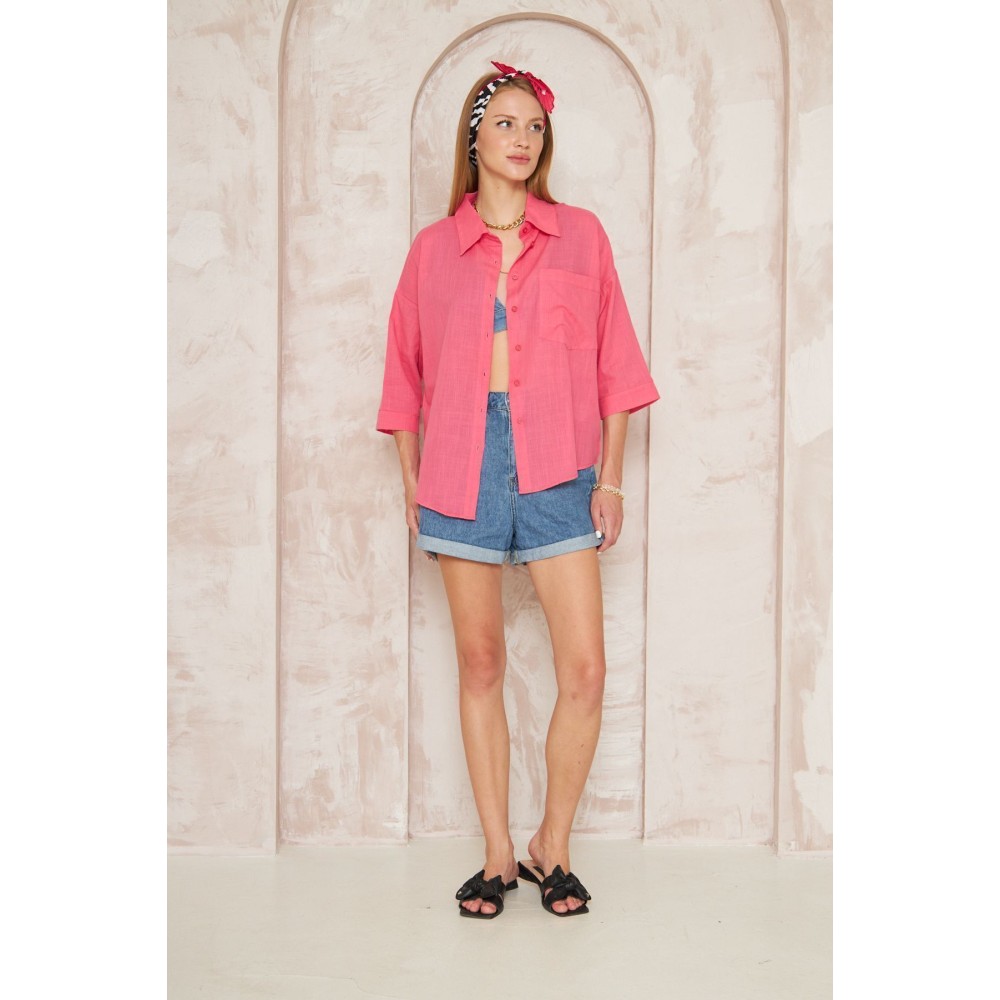Pasaklı Giyim Pasaklı Giyim Kadın Flamlı Keten Gömlek Fuşya - Premium Kadın Giyim
