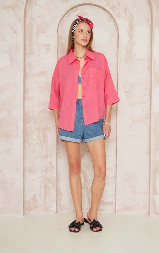 Pasaklı Giyim Kadın Flamlı Keten Gömlek 3619275 Fuşya