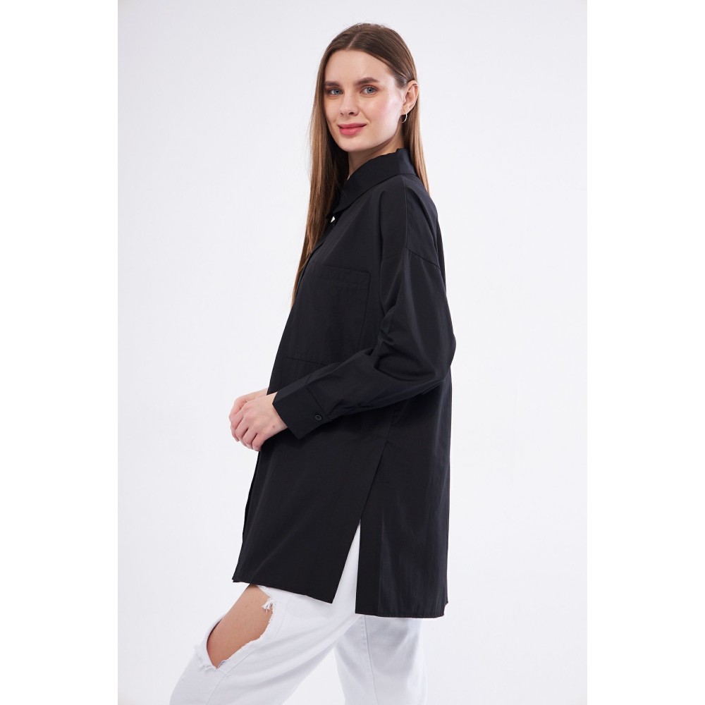 Pasaklı Giyim Kadın Siyah Uzun Kollu Terikoton Özel Kumaş Cepli Spor Uzun Tunik Gömlek - Premium Kadın Giyim