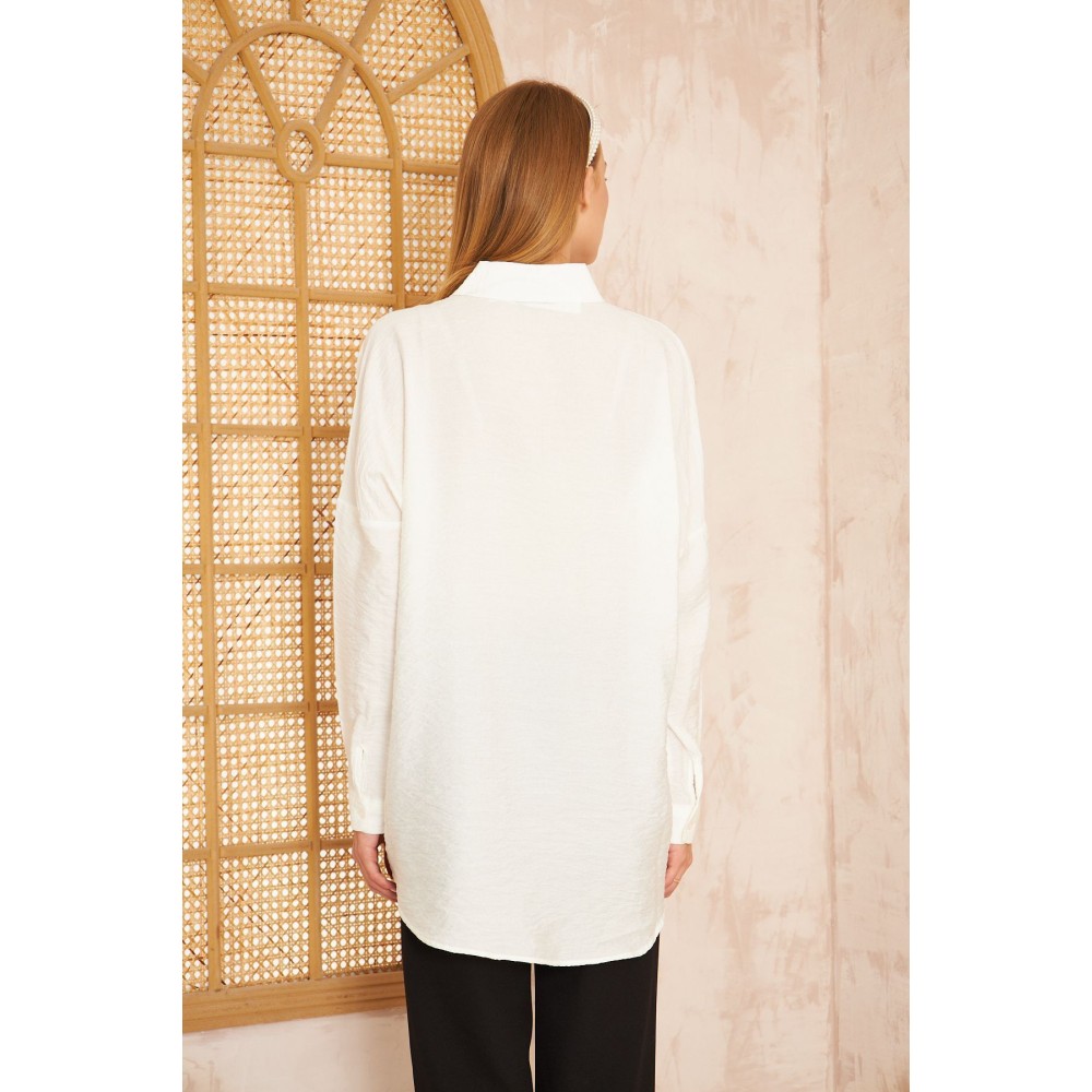 Pasaklı Giyim Pasaklı Giyim Kadın İnci İşleme Keten Tunik Gömlek Beyaz - Premium Kadın Giyim