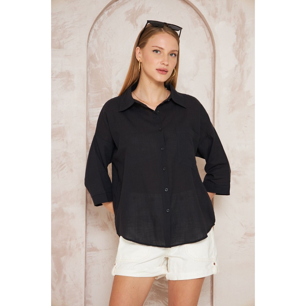 Pasaklı Giyim Pasaklı Giyim Kadın Flamlı Keten Gömlek Siyah - Premium Kadın Giyim