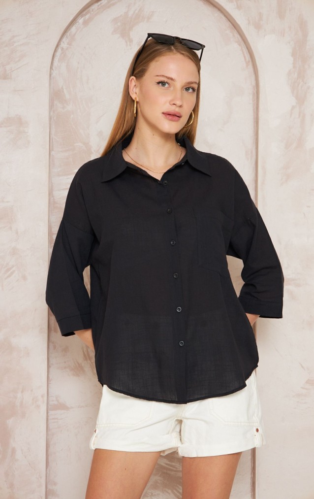 Pasaklı Giyim Kadın Flamlı Keten Gömlek 3619275 Siyah