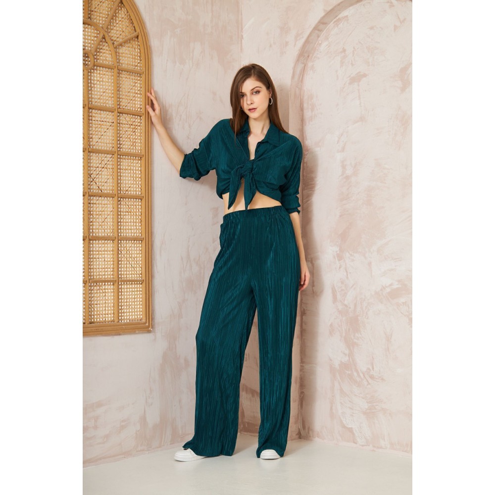 Pasaklı Giyim Pasaklı Giyim kadın Piliseli Bürümcük Pantolon Tunik Alt Üst Takım Petrol - Premium Kadın Giyim