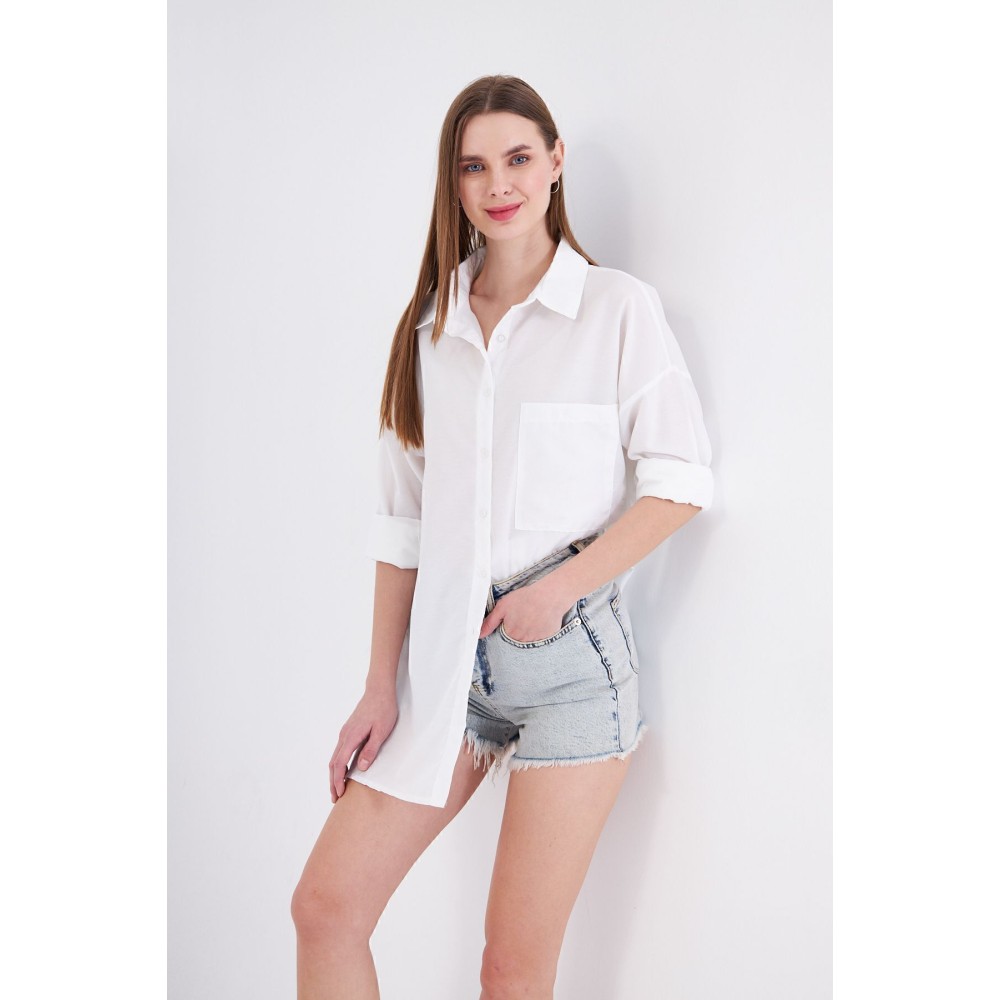 Pasaklı Giyim Kadın Beyaz Uzun Kollu Terikoton Özel Kumaş Cepli Spor Uzun Tunik Gömlek - Premium Kadın Giyim