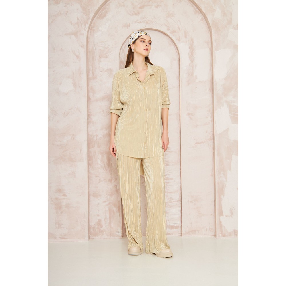 Pasaklı Giyim Pasaklı Giyim kadın Piliseli Bürümcük Pantolon Tunik Alt Üst Takım Gold - Premium Kadın Giyim