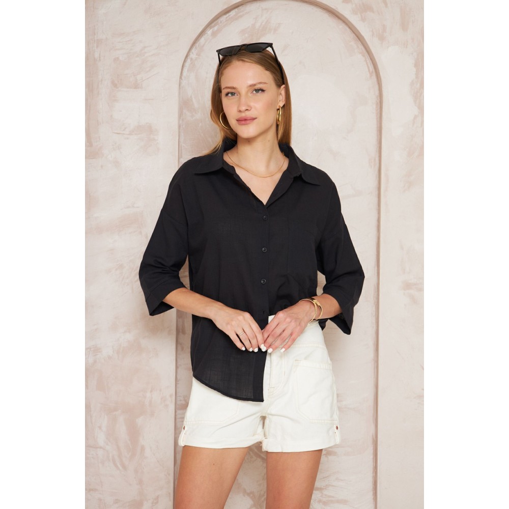 Pasaklı Giyim Pasaklı Giyim Kadın Flamlı Keten Gömlek Siyah - Premium Kadın Giyim