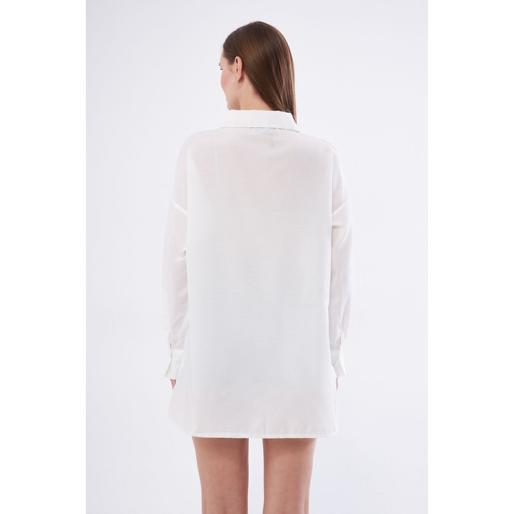 Pasaklı Giyim Kadın Beyaz Uzun Kollu Terikoton Özel Kumaş Cepli Spor Uzun Tunik Gömlek - Premium Kadın Giyim