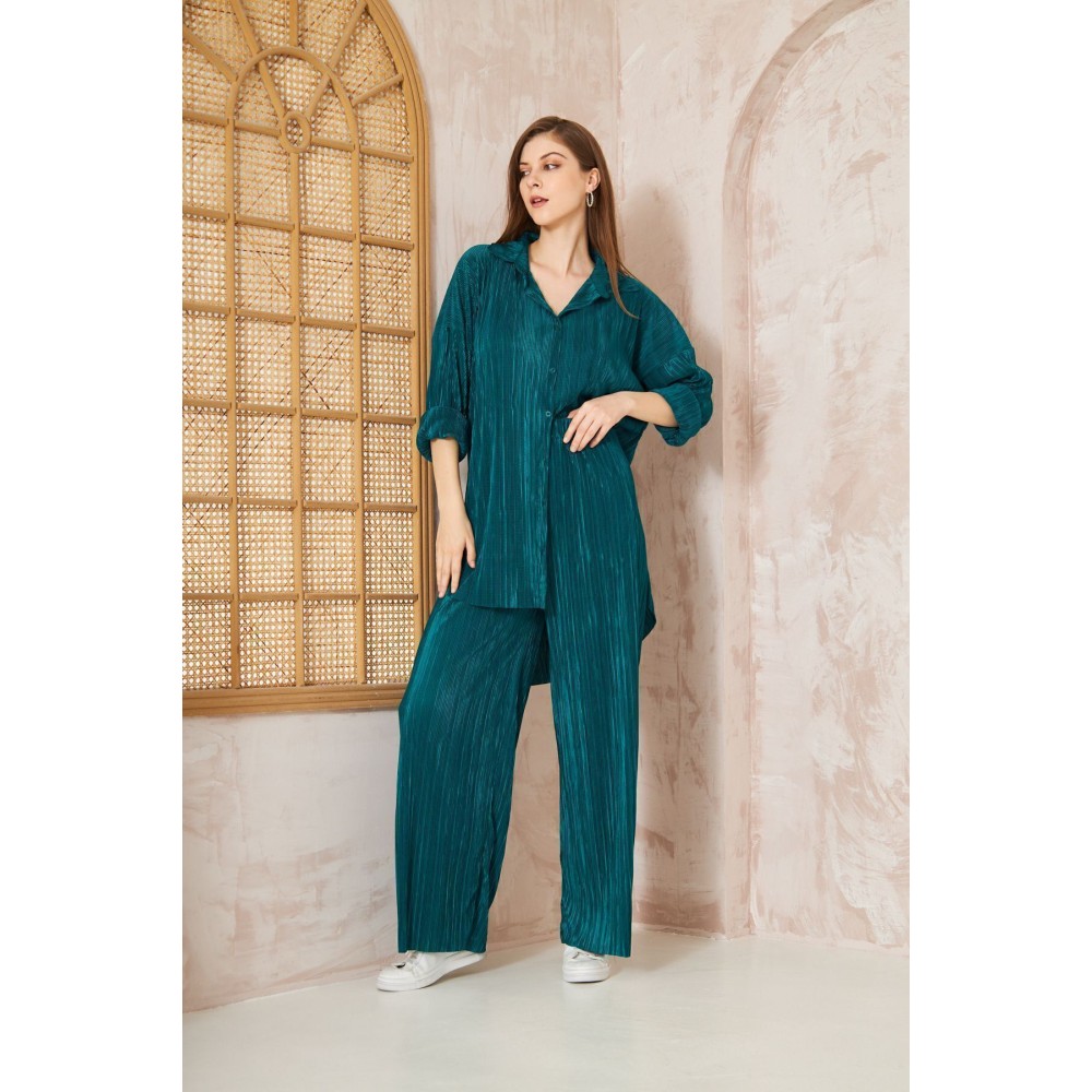 Pasaklı Giyim Pasaklı Giyim kadın Piliseli Bürümcük Pantolon Tunik Alt Üst Takım Zümrüt - Premium Kadın Giyim