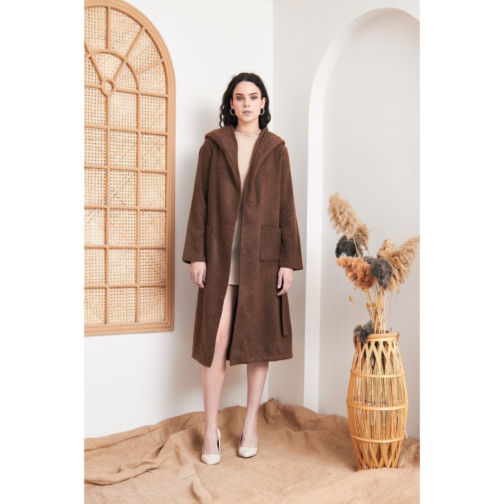 Pasaklı Giyim Pasaklı Giyim Kadın Kaşe Yün Kapüşonlu Kaban Kahverengi - Premium Kadın Giyim