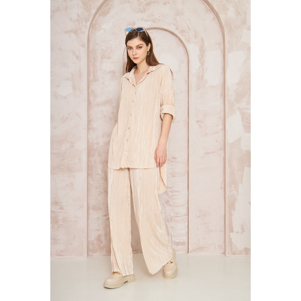Pasaklı Giyim Pasaklı Giyim kadın Piliseli Bürümcük Pantolon Tunik Alt Üst Takım Bej - Premium Kadın Giyim