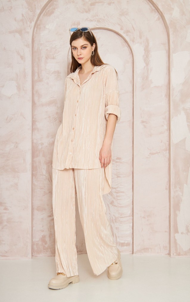 Pasaklı Giyim kadın Piliseli Bürümcük Pantolon Tunik Alt Üst Takım 3573374 Bej