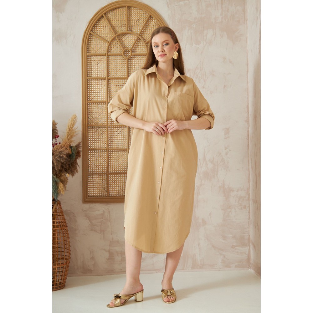 Pasaklı Giyim Pasaklı Giyim Kadın Poplin Oversize Tunik-Gömlek Elbise Bej - Premium Kadın Giyim