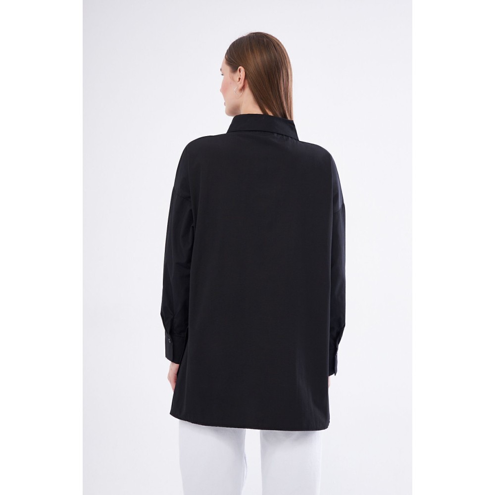 Pasaklı Giyim Kadın Siyah Uzun Kollu Terikoton Özel Kumaş Cepli Spor Uzun Tunik Gömlek - Premium Kadın Giyim