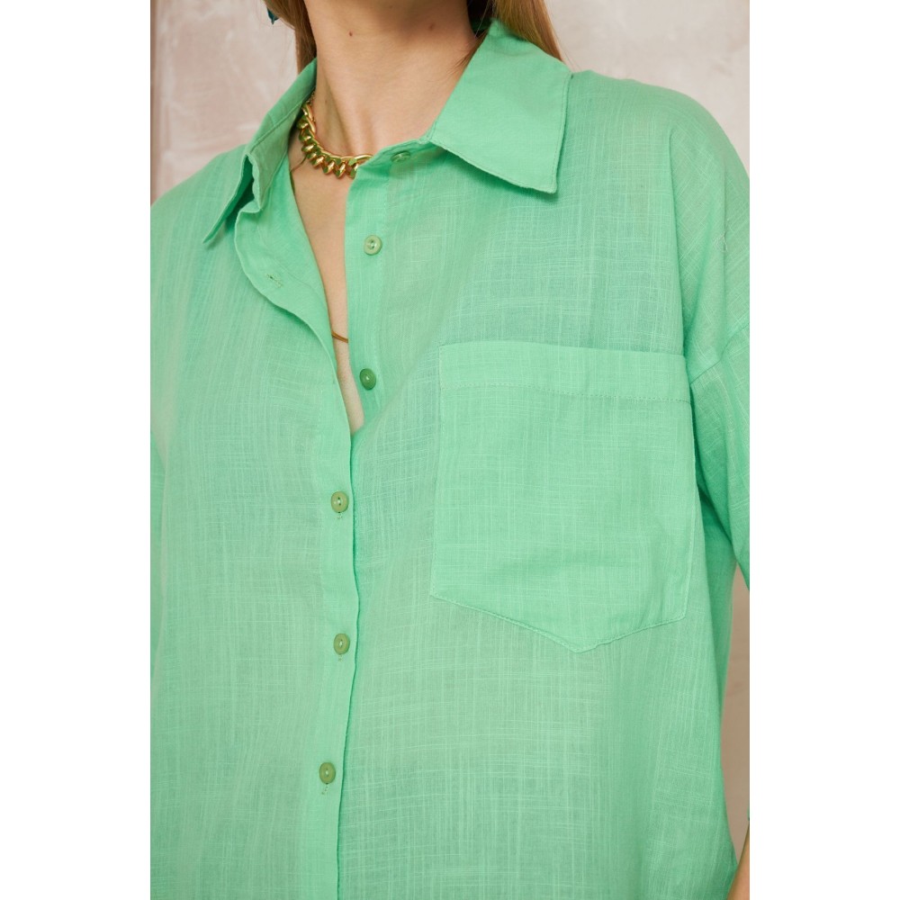 Pasaklı Giyim Pasaklı Giyim Kadın Flamlı Keten Gömlek Yeşil - Premium Kadın Giyim