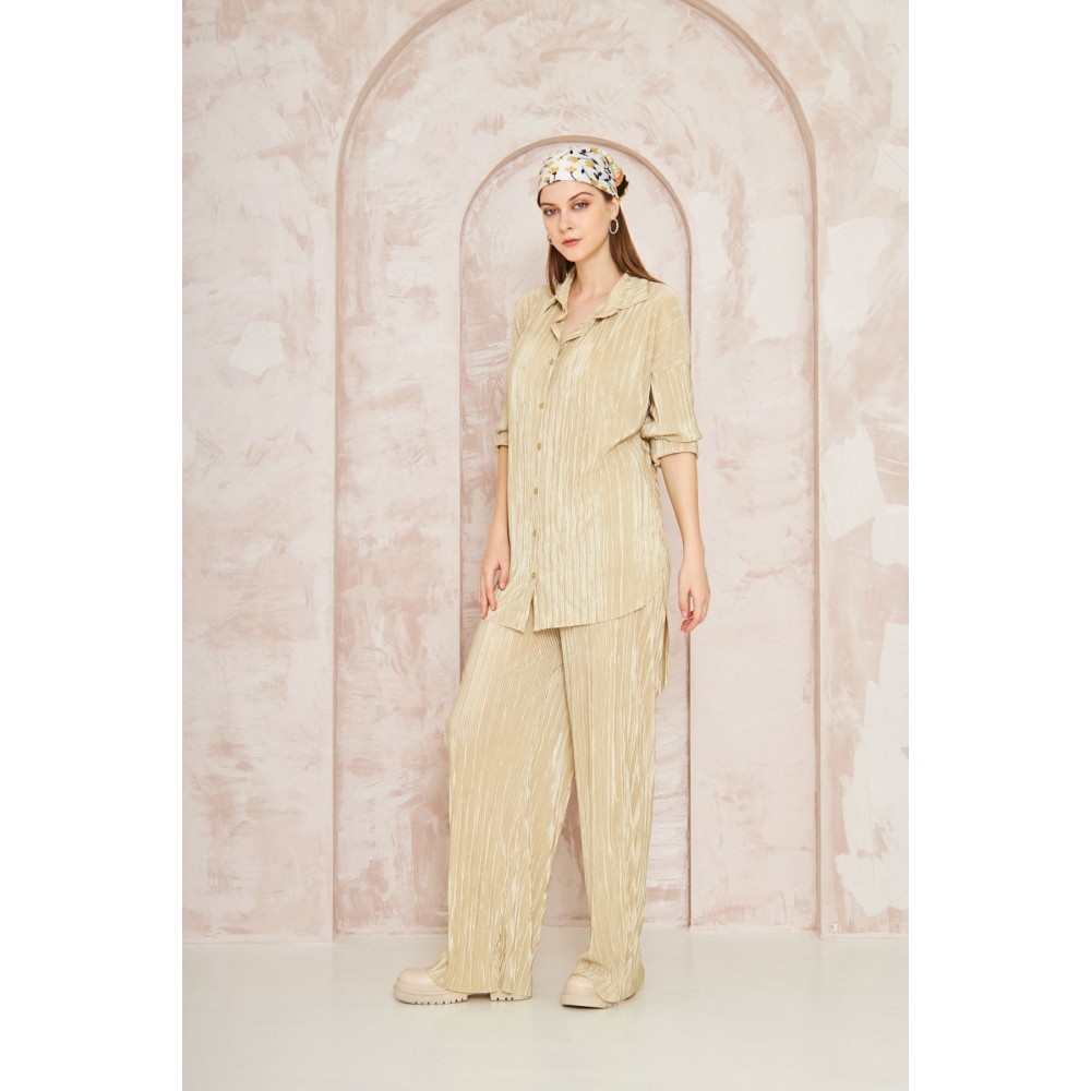 Pasaklı Giyim Pasaklı Giyim kadın Piliseli Bürümcük Pantolon Tunik Alt Üst Takım Gold - Premium Kadın Giyim