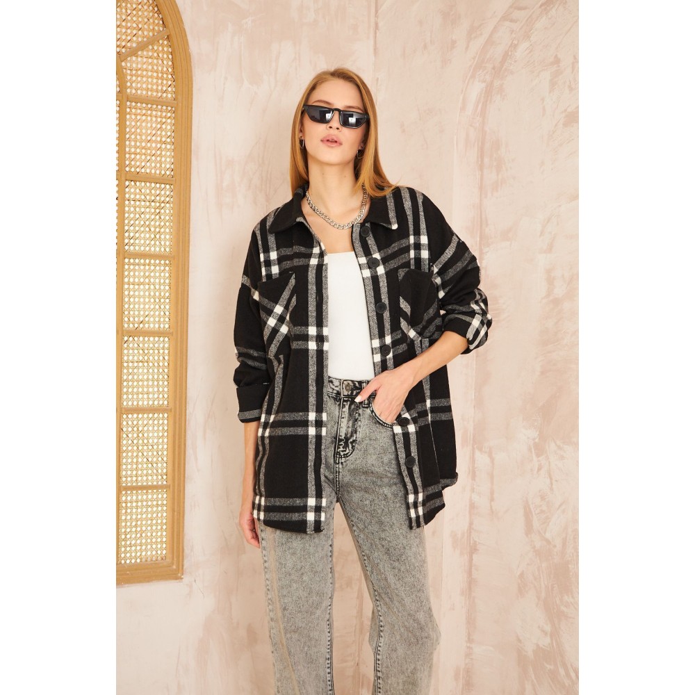 Pasaklı Giyim Pasaklı Giyim Kadın Kaşe Ekose Oduncu Gömlek Siyah - Premium Kadın Giyim
