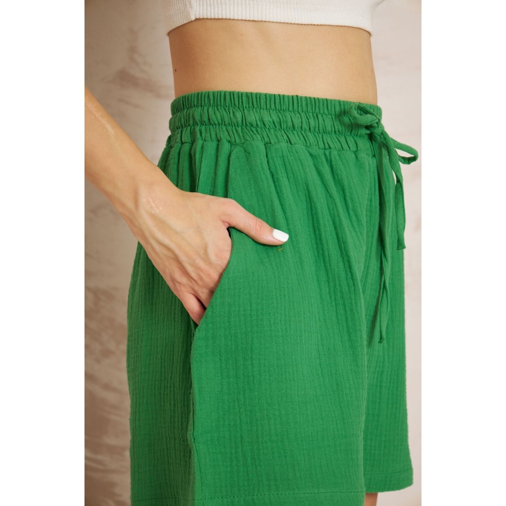 Pasaklı Giyim Pasaklı Giyim Kadın Müslin %100 Pamuk Beli Lastikli Şort Yeşil - Premium Kadın Giyim