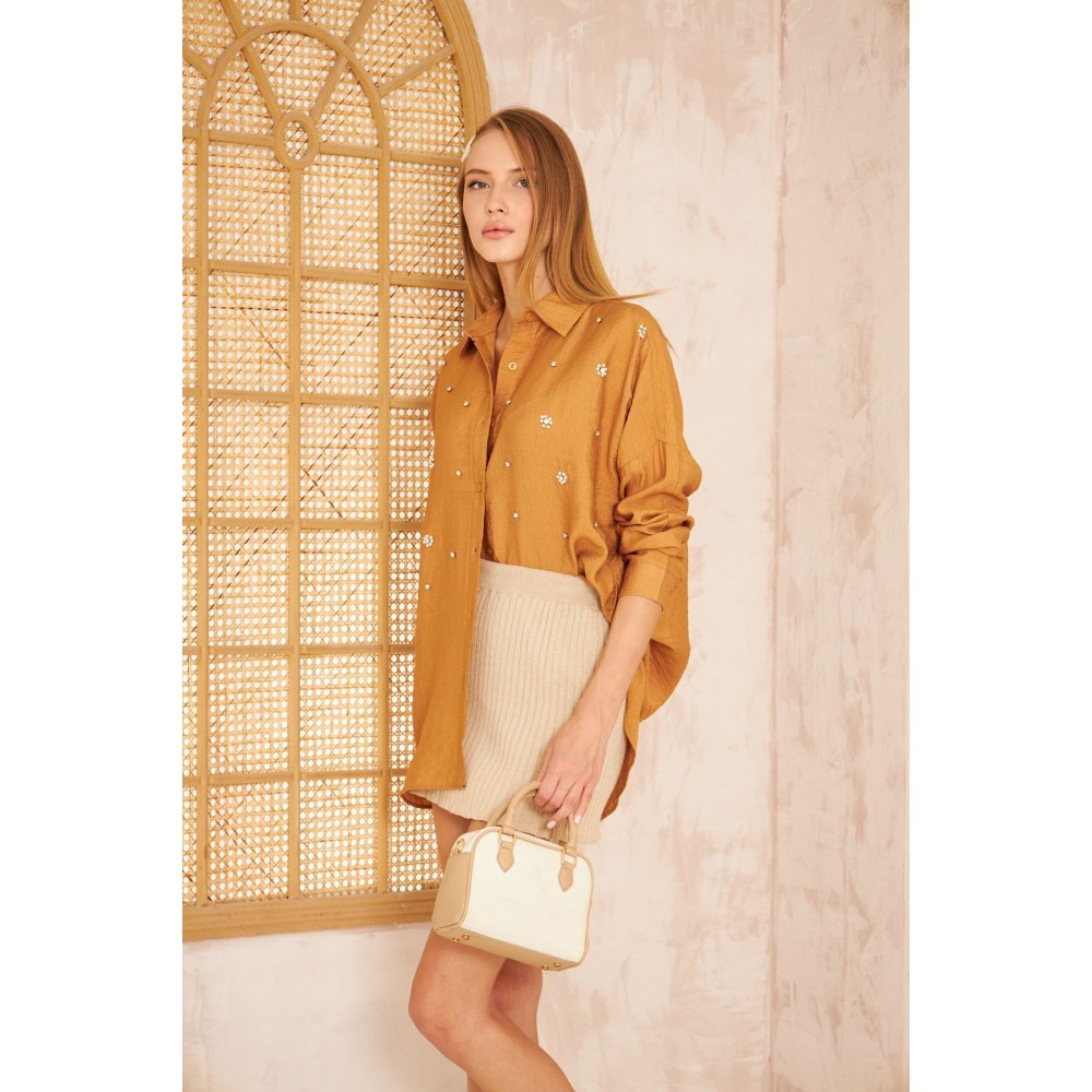 Pasaklı Giyim Pasaklı Giyim Kadın İnci İşleme Keten Tunik Gömlek Karamel - Premium Kadın Giyim