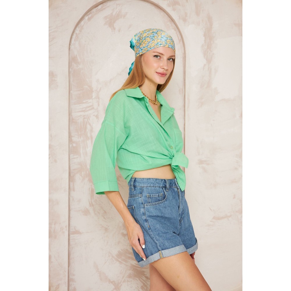 Pasaklı Giyim Pasaklı Giyim Kadın Flamlı Keten Gömlek Yeşil - Premium Kadın Giyim