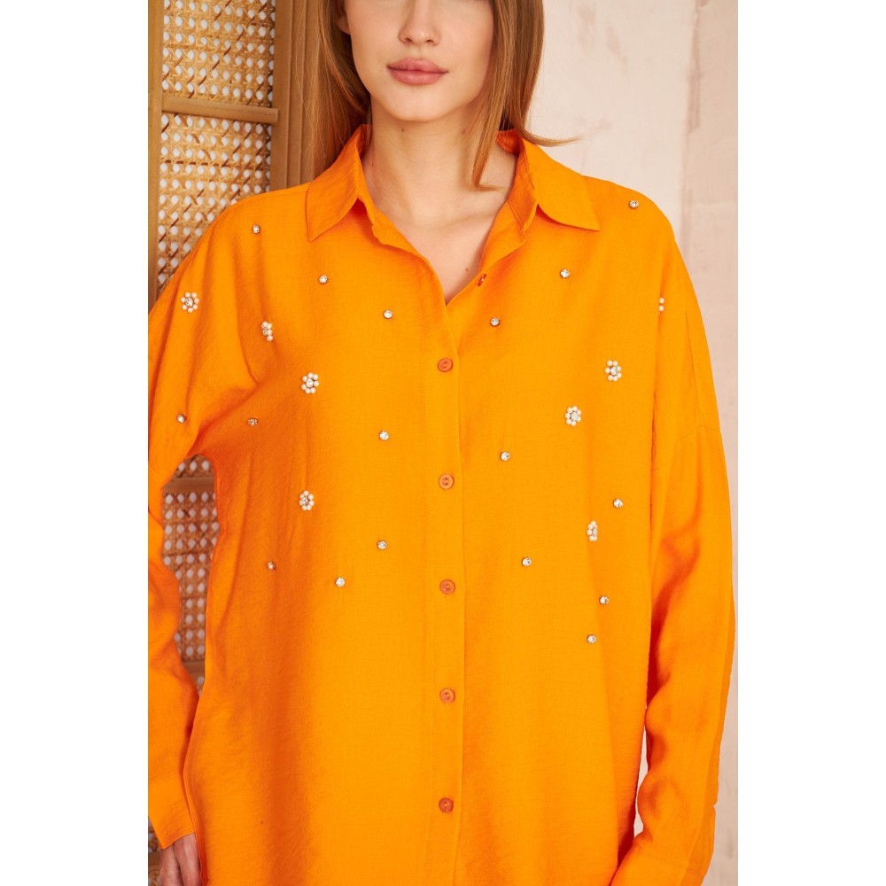 Pasaklı Giyim Pasaklı Giyim Kadın İnci İşleme Keten Tunik Gömlek Turuncu - Premium Kadın Giyim
